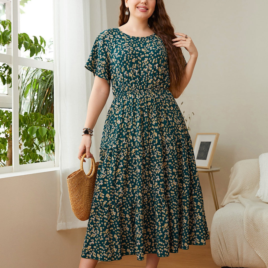 Floral Green Print V-Neck Pocket Elastic Waist Split Hem Dress 2024