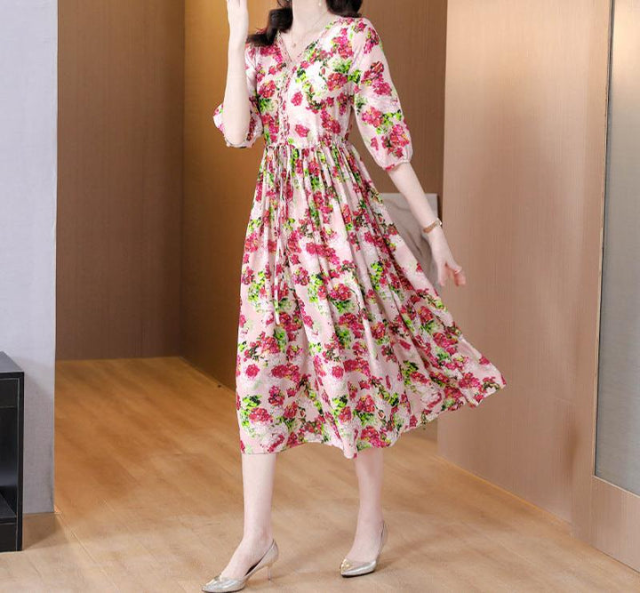 European floral V-neck tea dress summer silk red floral