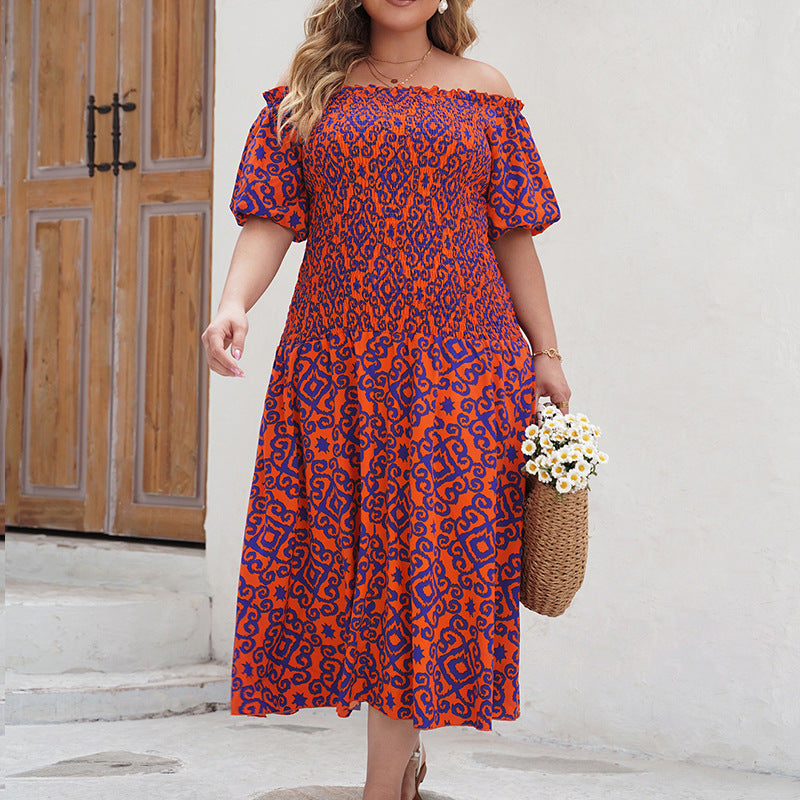 Plus Orange Floral Elastic Waist Ruffle Midi Dress 2024