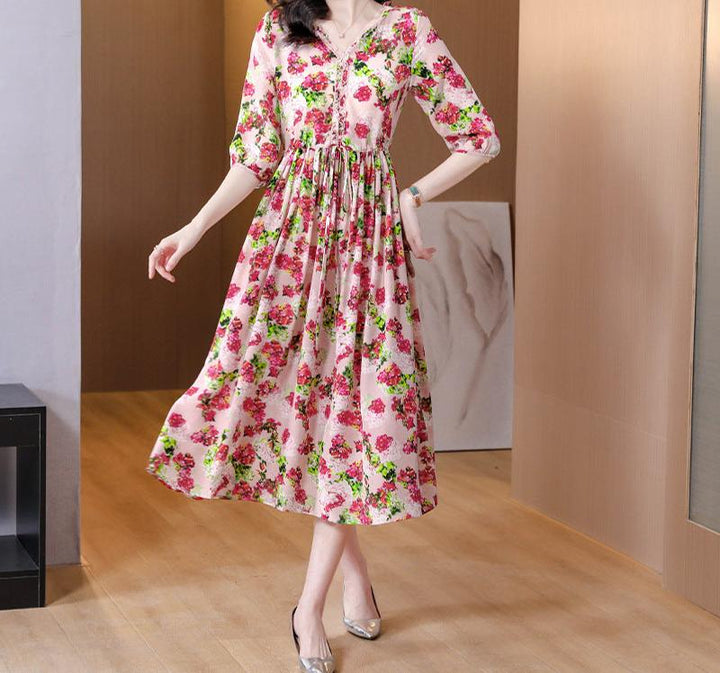 European floral V-neck tea dress summer silk red floral