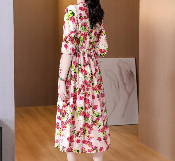 European floral V-neck tea dress summer silk red floral