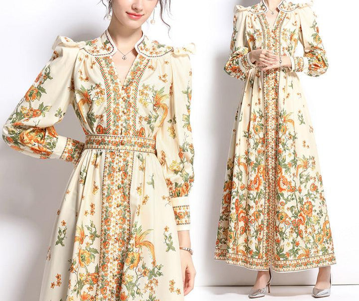 Autumn V-Neck Women's Dress Ethnic Style Vintage Fashion 2024