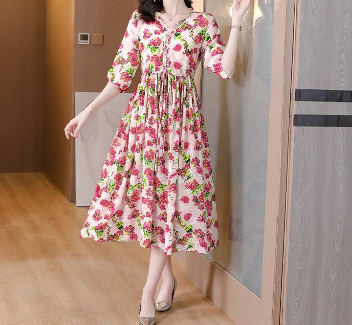 European floral V-neck tea dress summer silk red floral