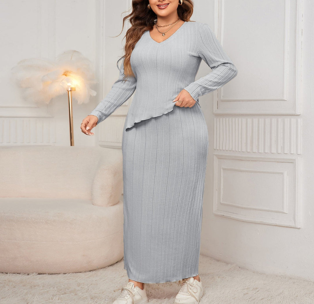 Autumn Women Two Piece Set Solid V-neck Long Sleeve Maxi Long Skirt 2024