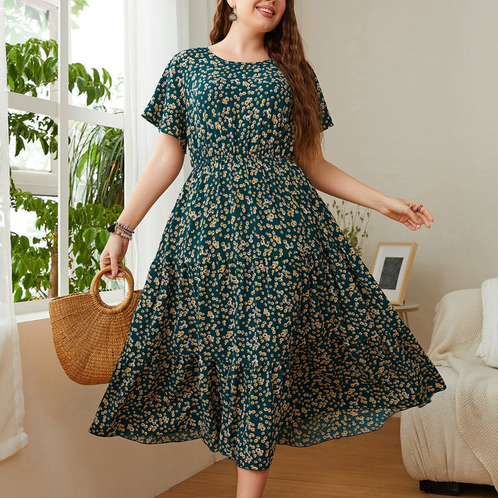 Floral Green Print V-Neck Pocket Elastic Waist Split Hem Dress 2024