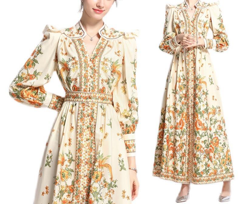 Autumn V-Neck Women's Dress Ethnic Style Vintage Fashion 2024