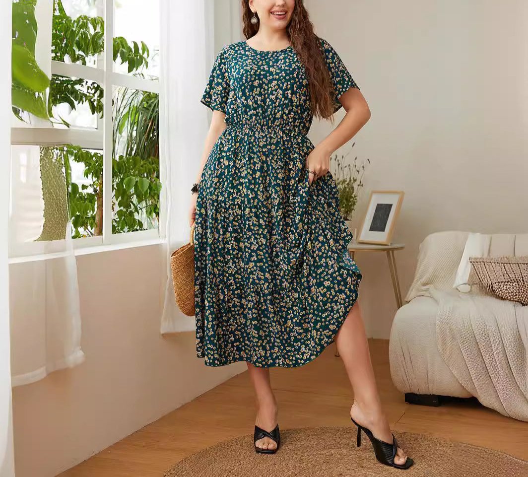 Floral Green Print V-Neck Pocket Elastic Waist Split Hem Dress 2024