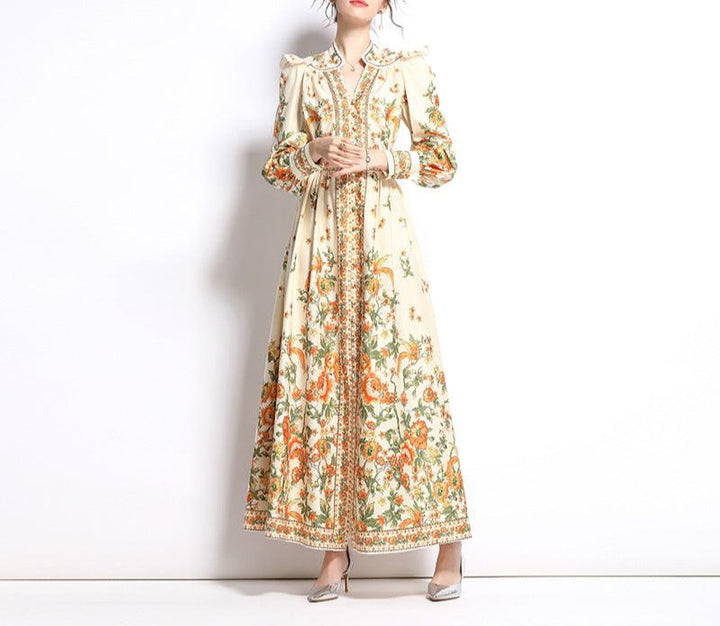 Autumn V-Neck Women's Dress Ethnic Style Vintage Fashion 2024