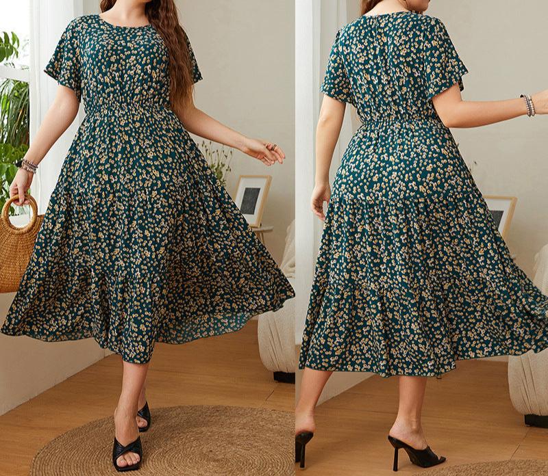 Floral Green Print V-Neck Pocket Elastic Waist Split Hem Dress 2024