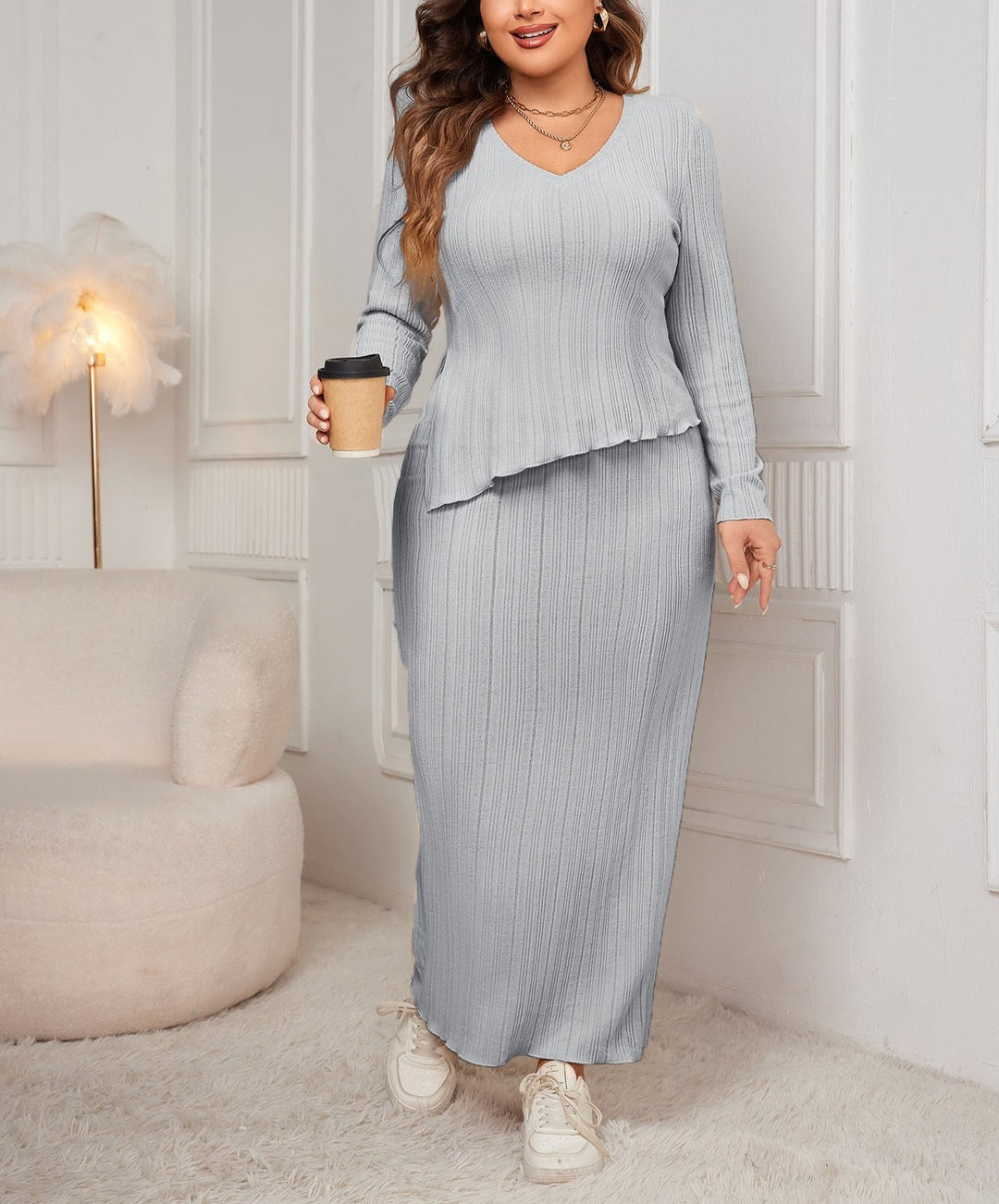 Autumn Women Two Piece Set Solid V-neck Long Sleeve Maxi Long Skirt 2024