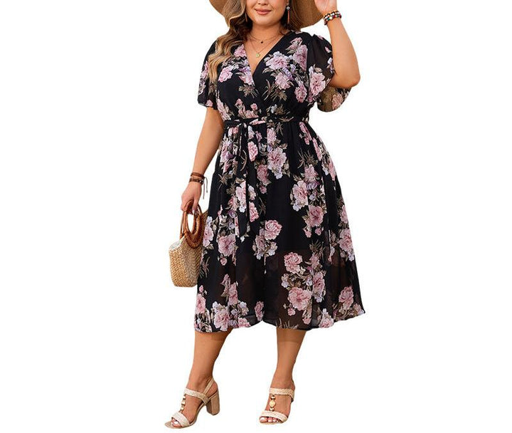 Pink Floral Crisscross Wrap Midi Dress Summer/Autumn 2024