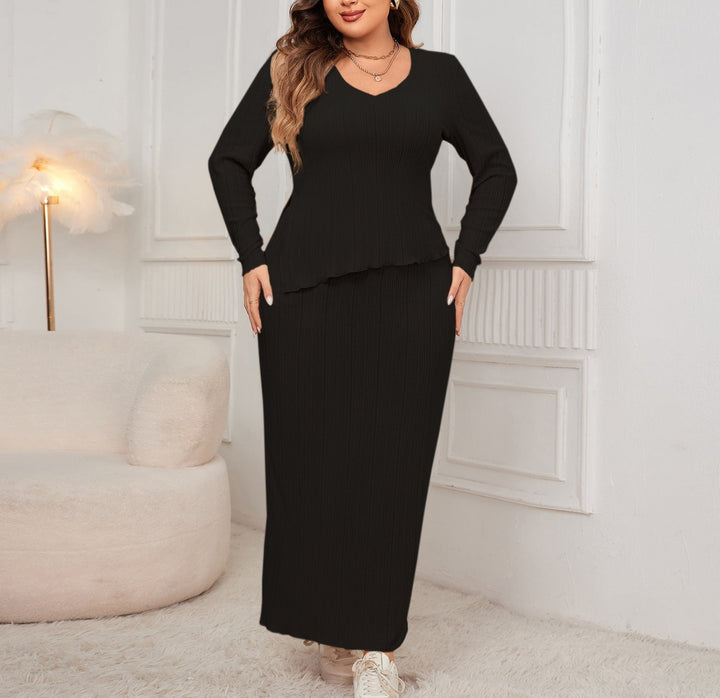 Autumn Women Two Piece Set Solid V-neck Long Sleeve Maxi Long Skirt 2024