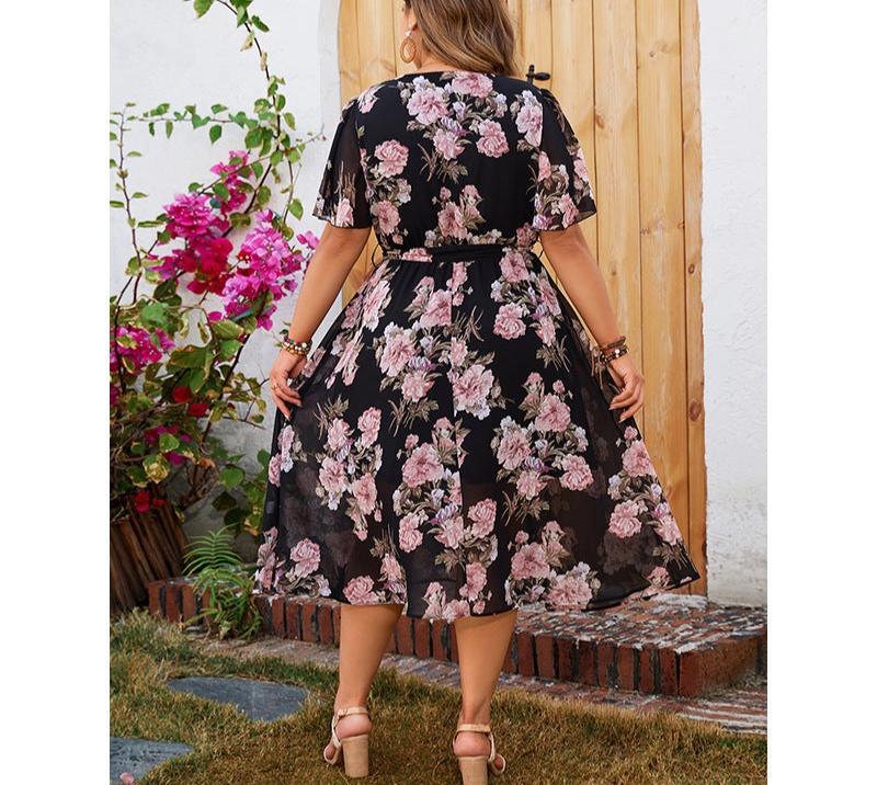 Pink Floral Crisscross Wrap Midi Dress Summer/Autumn 2024