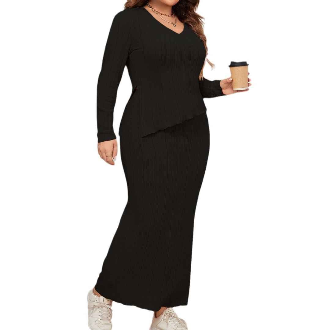 Autumn Women Two Piece Set Solid V-neck Long Sleeve Maxi Long Skirt 2024