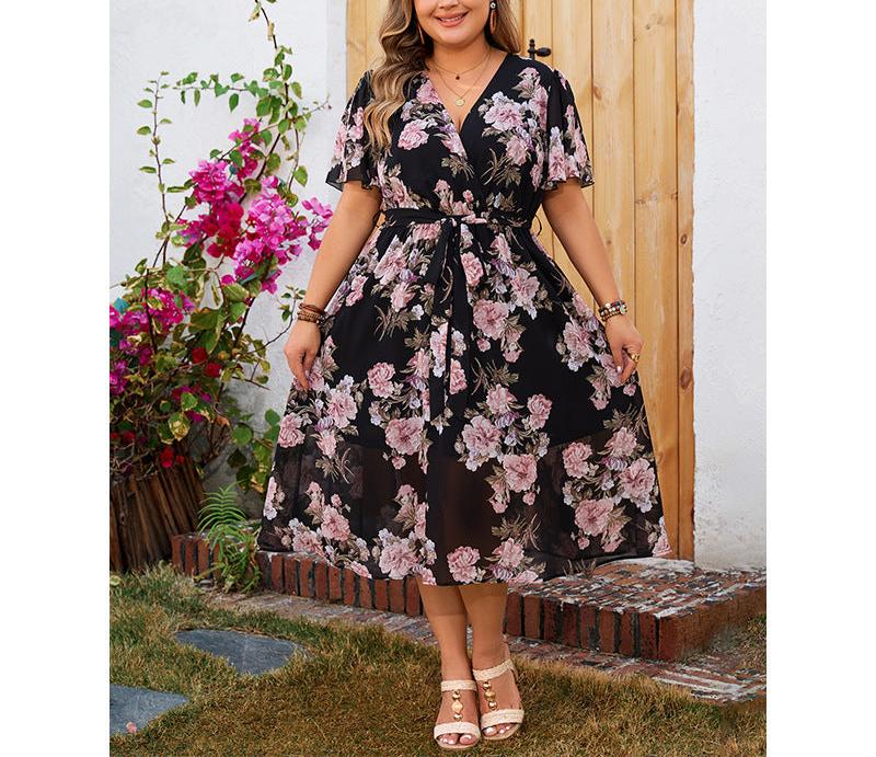 Pink Floral Crisscross Wrap Midi Dress Summer/Autumn 2024