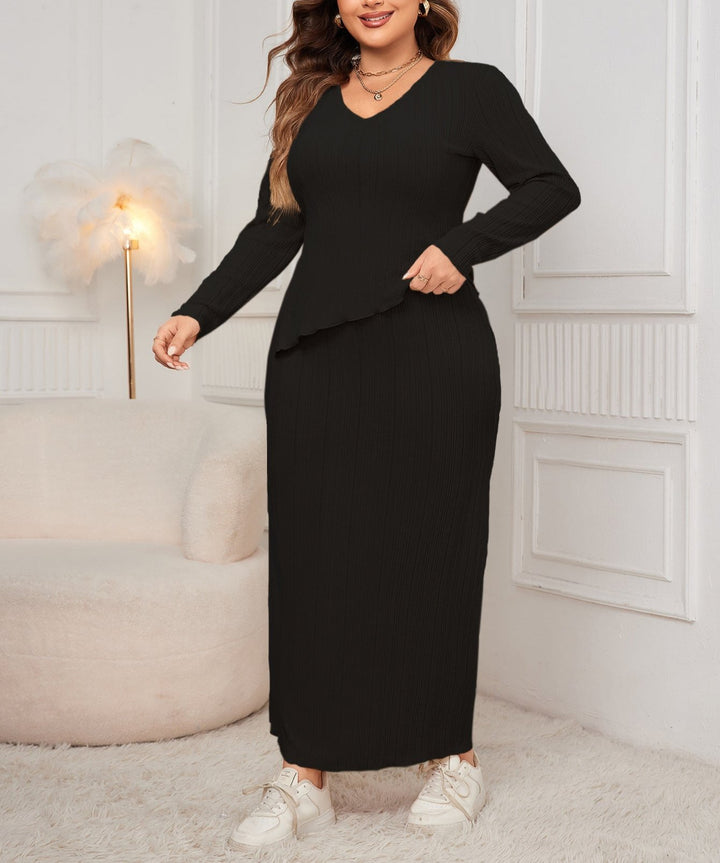 Autumn Women Two Piece Set Solid V-neck Long Sleeve Maxi Long Skirt 2024