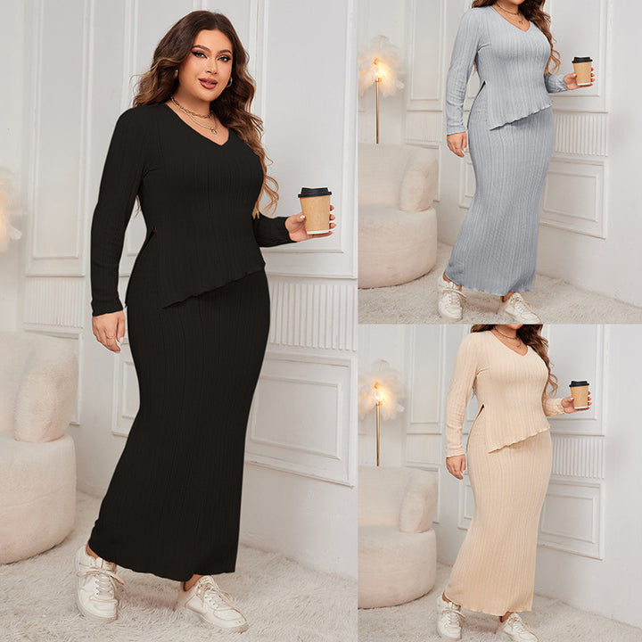 Autumn Women Two Piece Set Solid V-neck Long Sleeve Maxi Long Skirt 2024