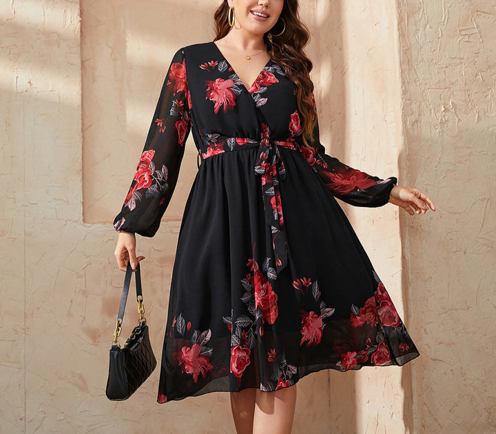 Red Floral Crisscross Wrap Midi Dress 2024