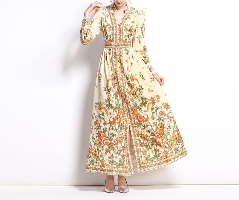 Autumn V-Neck Women's Dress Ethnic Style Vintage Fashion 2024