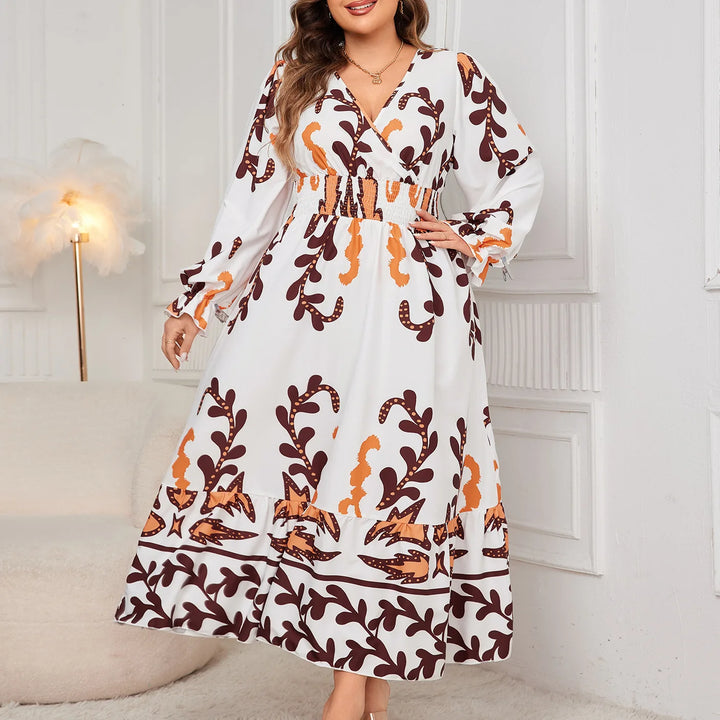 Autumn Floral Print Midi V-Neck Dress 2024