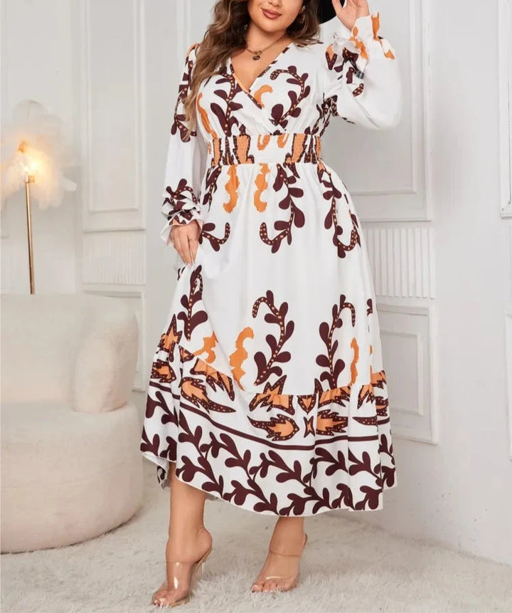 Autumn Floral Print Midi V-Neck Dress 2024