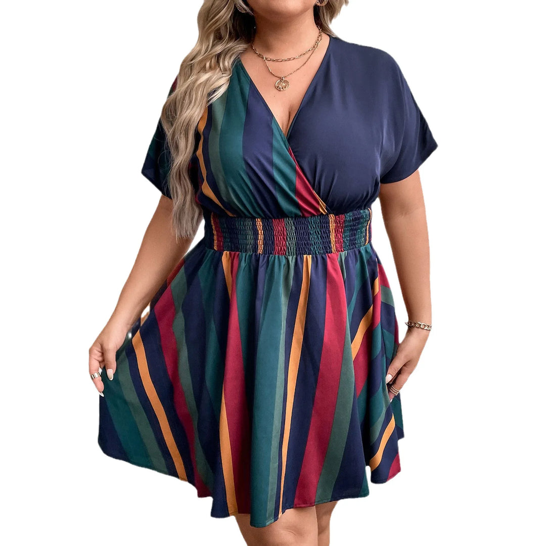 Navy Striped Dress Fashion V Neck Dress Short Sleeve 2024