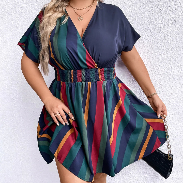 Navy Striped Dress Fashion V Neck Dress Short Sleeve 2024